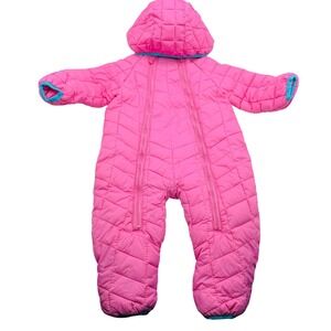 EUC Snozu Baby Pink Quilted Snowsuit Bunting Hooded Zip Cozy Sherpa Lined9-12 Mo